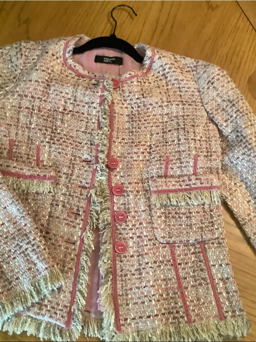 Philippe Adec Pink and Cream Tweed Fringed Blazer.